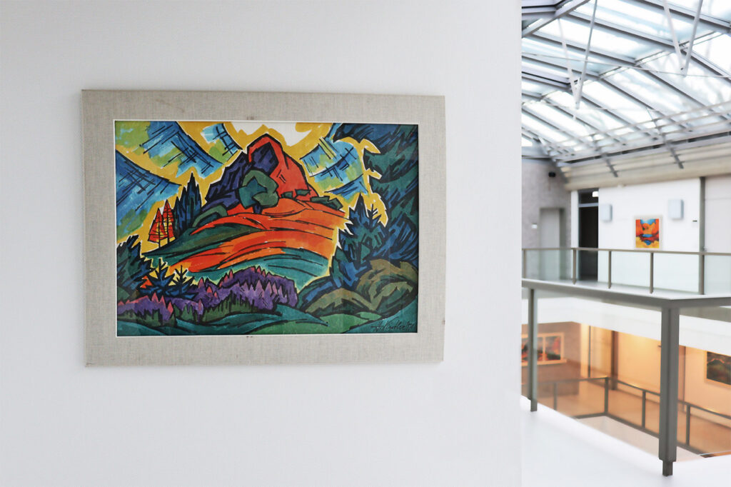 Bild der Vulkanruine Wachtküppel in der Rhön, gemalt von Heinz Kistler und zu sehen in der Dauerausstellung Elementare Landschaft