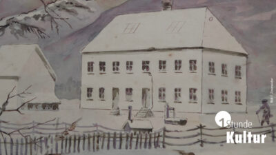 Gemäldeausschnitt mit einem alten Haus bei Schnee