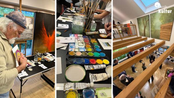 Ansicht von Malutensilien und malenden Personen