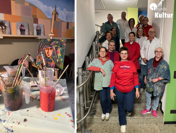 Ansicht von Kunstwerken sowie ein Gruppenfoto von beteiligten Künstlerinnen und Künstlern