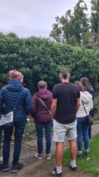 Personen in einem Garten, die bei einer Führung zuhören