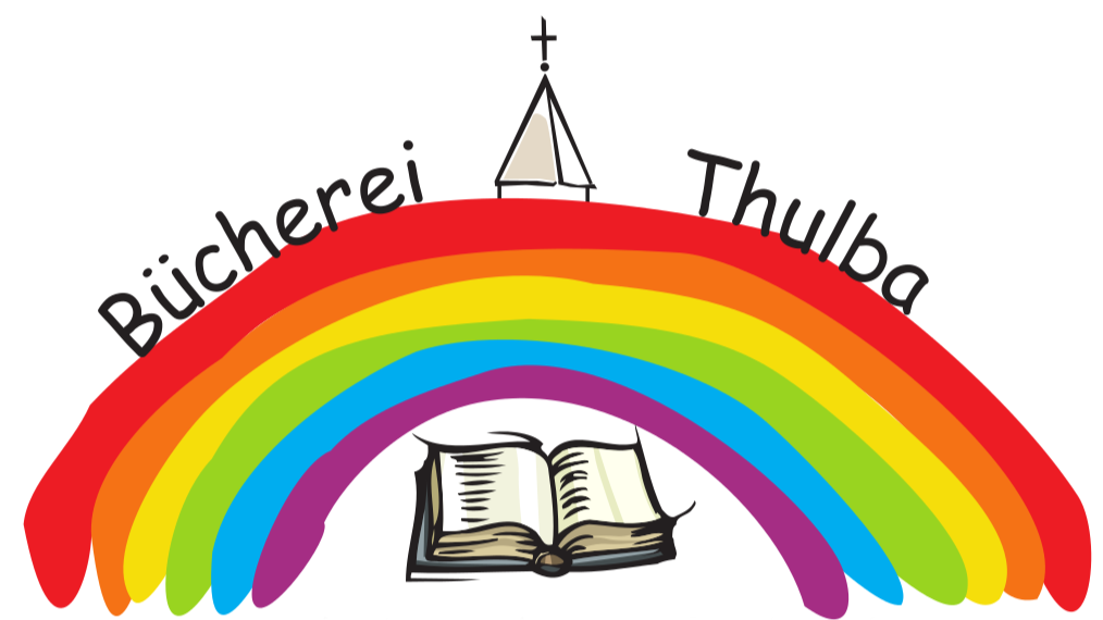 Logo Bücherei Thulba mit Buch, Regenbogen und Kirchturmspitze