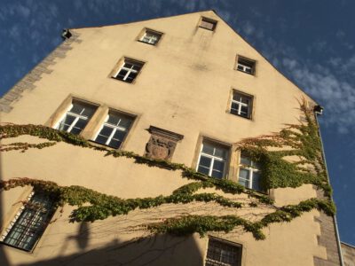 Giebelseite eine alten Gebäudes (Heimatmuseum Poppenlauer) teilweise mit Efeu bewachsen