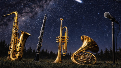 COllage mit Blasinstrumenten und einem Mikrofon vor einem Sternenhimmel