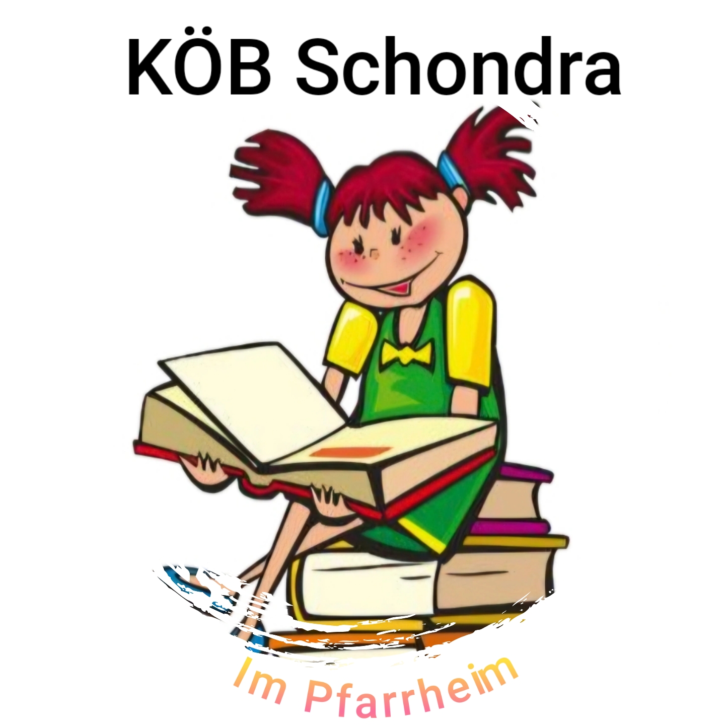 Mädchen mit roten Zöpfen schaut ein Buch an.