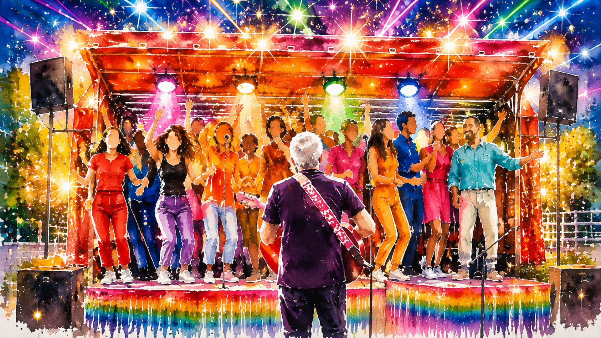 Buntes Bild von Menschen auf einer Bühne